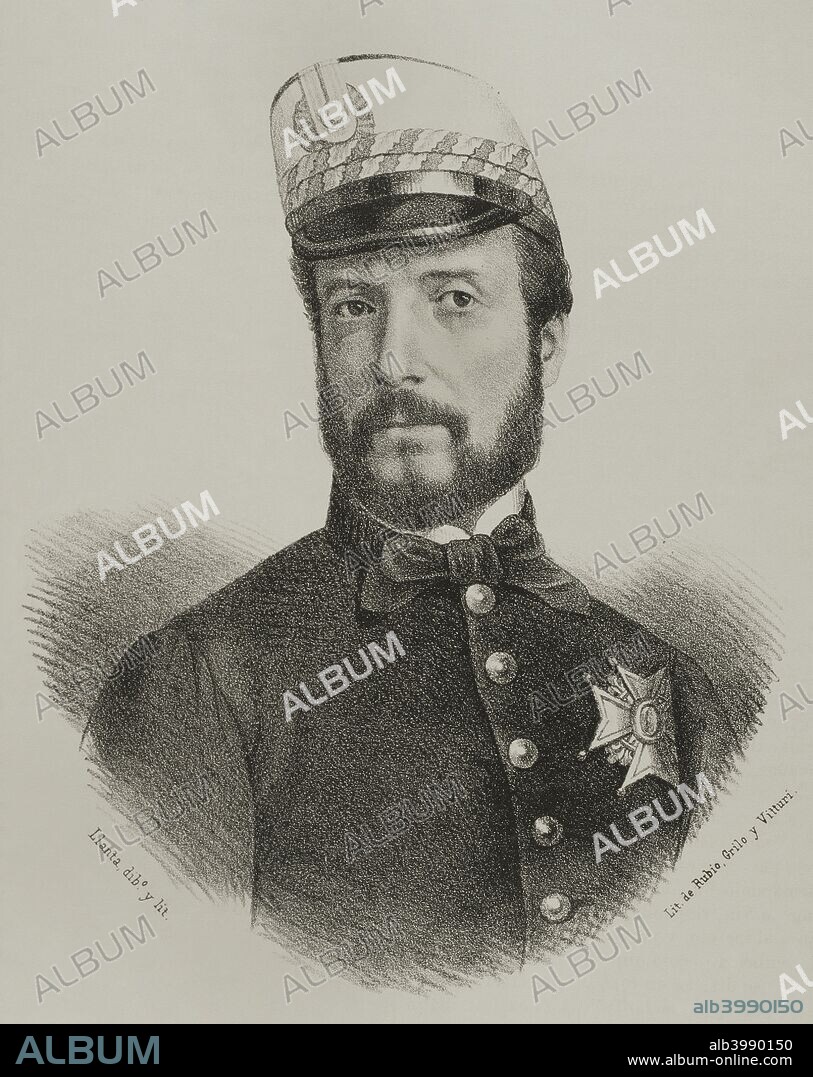 Juan Prim (Reus, 1814-Madrid, 1870). Militar y politico español. Participó en la primera Guerra Carlista. Fue diputado a Cortes. Apoyó el retorno de la monarquía constitucional promoviendo numerosos pronunciamientos. Dibujo por Llanta. Litografía. Crónica General de España, Historia Ilustrada y Descriptiva de sus Provincias. Cataluña, 1866. Biblioteca Histórico Militar de Barcelona. Cataluña, España.