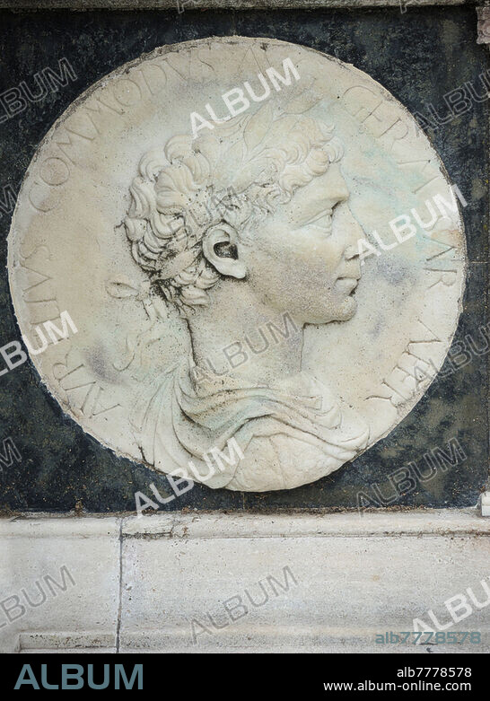 Lucius Elio Aurelio COMMODO (31 August 161 - 31 December 192) Roman emperor from 180 with the name of Cesare Lucio Marcus Aurelius Commodus Antoninus Augustus, member of the Antonini dynasty. Having passed into history with the reputation of an extravagant, cruel and depraved person, he promoted a policy of religious tolerance, interrupting the persecution of Christians; he gave new impetus to the arts and built commemorative monuments of his father Marcus Aurelius. "Aurelius Commodus Aug Germ Sar Sar Affr", decoration in bas-relief from the band depicting famous characters of antiquity and mythological themes, inspired by the medals of the Roman era, carved on the base of the facade of the Basilica of the Certosa di Pavia, a typical example of Lombard Renaissance architecture of the fifteenth century.
