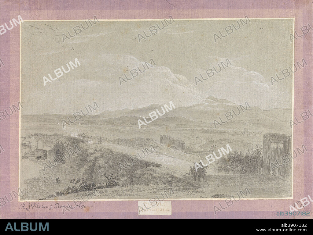 RICHARD WILSON. The Via Nomentana. Date/Period: 1754. Drawing. Black and white chalk with stumping on medium, moderately textured, blue laid paper mounted on medium, moderately textured, cream wove paper with a border of medium, moderately-textured wove paper with purple wash. Height: 276 mm (10.86 in); Width: 422 mm (16.61 in).