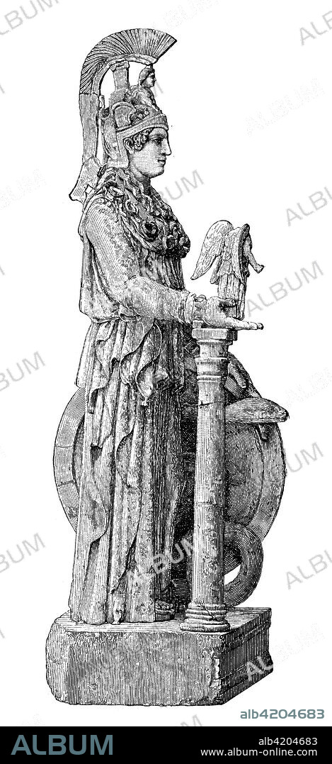 The statue of Penthelic marble by Athena Parthenos, literally, Athena the Virgin, is apparently a copy of the famous colossal statue of Athena, made by Phidias and his assistants and housed in the Parthenon in Athens, Greece, digital improved reproduction of an original print from 1880.