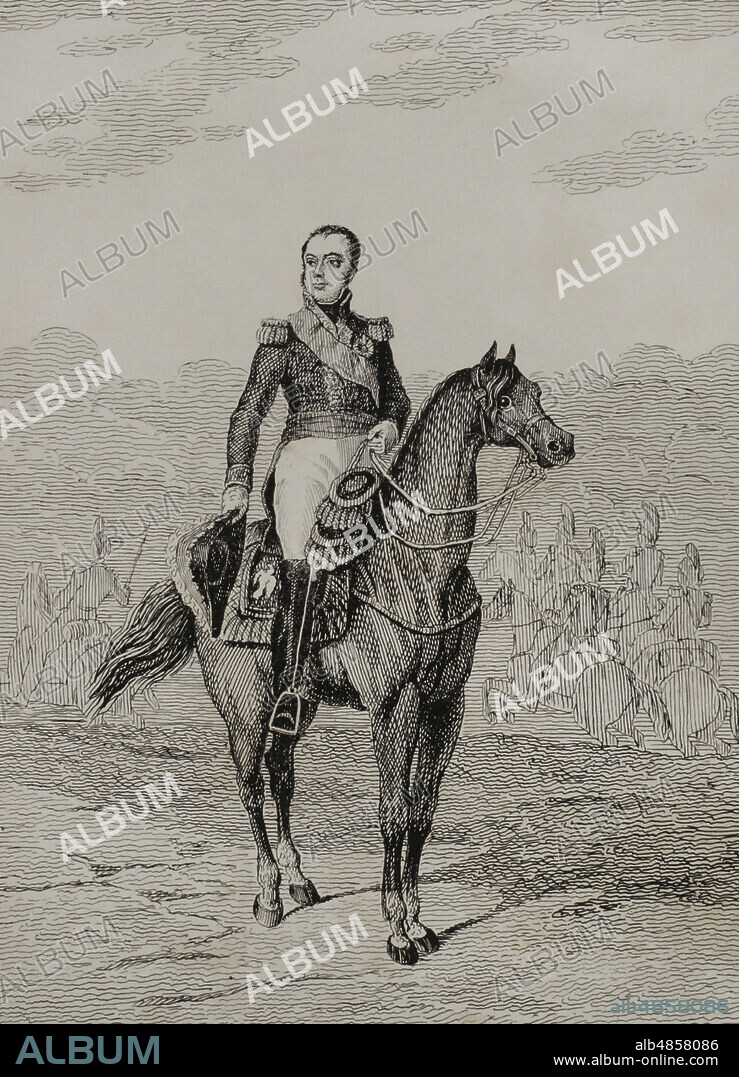 Etienne Jacques Joseph MacDonald (1765-1840). Militar francés, mariscal del Imperio desde 1809 y primer duque de Tarento. Ilustración por Francisco Pérez. Litografía por Julio Donón. Historia del Levantamiento, Guerra y Revolución de España, por el Conde de Toreno. Madrid,1851.