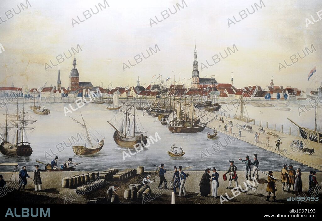 HISTORIA. EDAD MODERNA. PUERTO de la ciudad de RIGA. S. XVIII. Grabado coloreado de época. Museo de la Historia y la Navegación. Riga. Letonia.