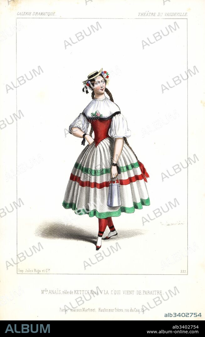 French actress Anais-Pauline-Nathalie Aubert or Mademoiselle Anais as the milkmaid Kettly in V'la c'qui vient de Paraitre, Theatre du Vaudeville, 1846. Handcoloured lithograph after an illustration by Alexandre Lacauchie from Victor Dollet's Galerie Dramatique: Costumes des Theatres de Paris, Paris, 1845.