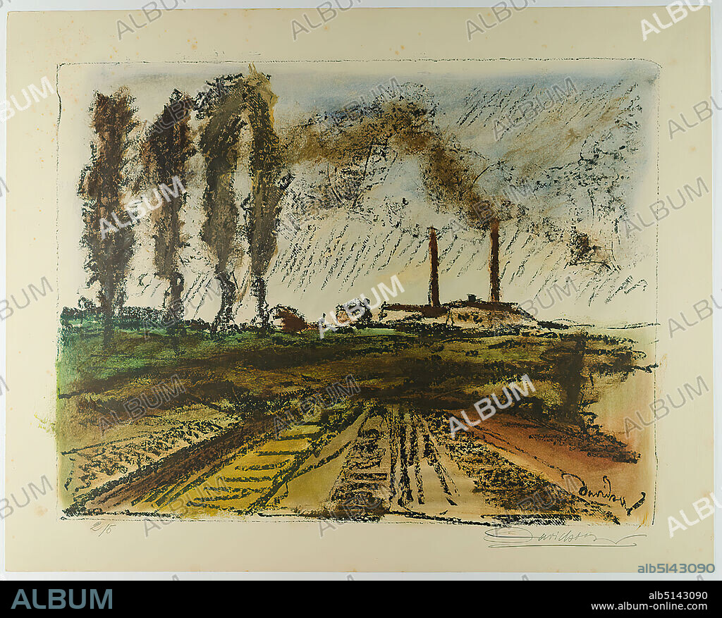 Willy Davidson, Adolf Harms Verlag, Aus dem Mappenwerk Erde und Eisen, Adolf Harms Verlag, Hamburg 1921, paper, opaque watercolor, chalk lithograph, image size: height: 33 cm; width: 42.5 cm, signed and numbered: recto: in lead: 2/5, Davidson, on the printing plate: Davidson, portfolio works, free graphic art (graphic art/printed products), factory building, chimney, landscape with plants, expressionism.