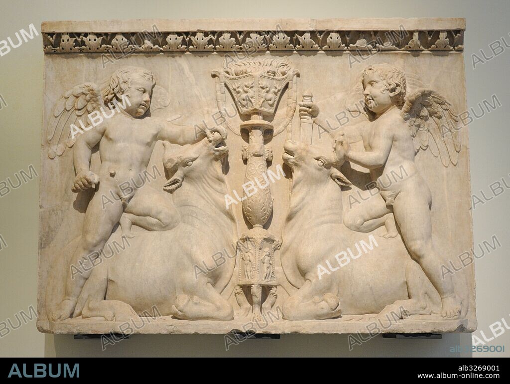 Relieve romano de dos cupidos conduciendo a dos toros. Procedentes del Templo de Venus Genetrix en el Foro del Cesar, Roma. Principios siglo II d. C. Colección Farnese. Museo Arqueológico Nacional. Nápoles. Italia.