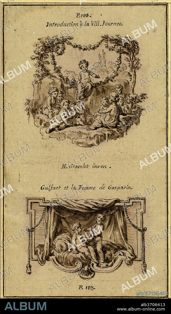 HUBERT FRANÇOIS GRAVELOT. Nine Children Listening to a Girl Tell a Story; A Boy Handing a Purse to a Girl Seated on a Bed. Dated: c. 1757. Dimensions: overall (to outer framing line): 14.3 x 8.1 cm (5 5/8 x 3 3/16 in.). Medium: pen and gray ink with brown wash on laid paper.