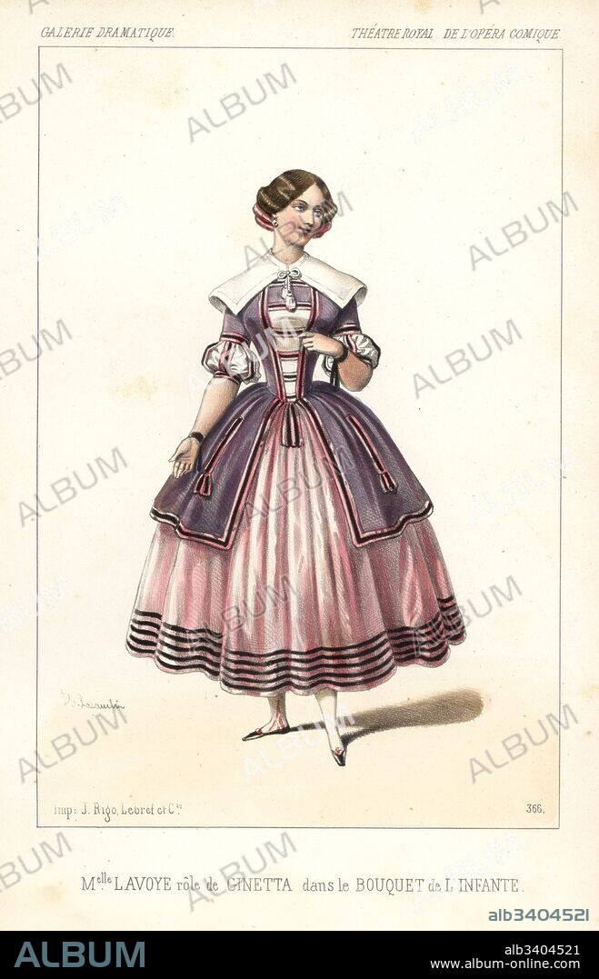 French soprano singer Anne-Benoite-Louise Lavoye as Ginetta in Le Bouquet de l'Infante, Theatre Royal de l'Opera Comique, 1846. Handcoloured lithograph after an illustration by Alexandre Lacauchie from Victor Dollet's Galerie Dramatique: Costumes des Theatres de Paris, Paris, 1846.
