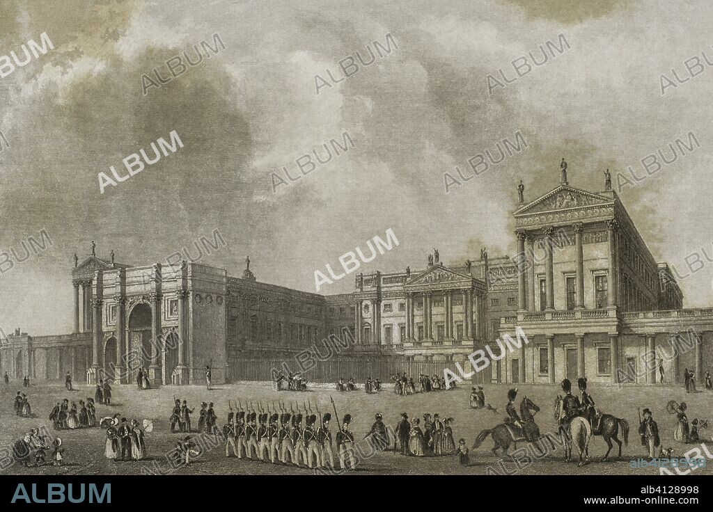 Reino Unido. Inglaterra. Londres. Buckingham Palace. El Palacio h. 1837 con la representación de Marble Arch, el cual servía como entrada ceremonial al recinto del palacio. Con la ampliación del ala este fue cambiando de ubicación. Grabado por John Woods. Dibujo por Hablot Knight Browne (1815-1882) a partir de un croquis de Robert Garland (1808-1863). "London and its Environs, h.1840" (Londres y sus Alrededores). Biblioteca Histórico Militar de Barcelona, Cataluña, España.