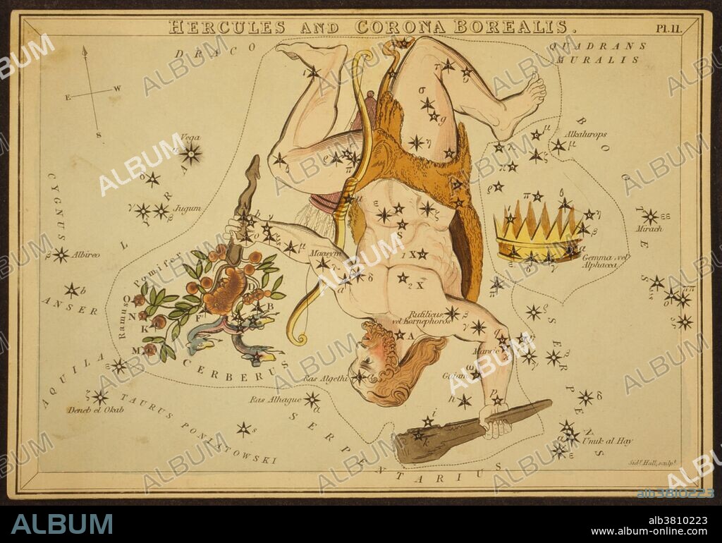 Astronomical chart showing Hercules about to beat Cerberus with a club, and a crown forming the constellations. Hercules is a constellation named after Heracles, the Roman mythological hero adapted from the Greek hero Heracles. Corona Borealis is a small constellation in the northern sky. Its name is Latin for northern crown, a name inspired by its shape; its main stars form a semicircular arc. They were two of the 48 constellations listed by the 2nd century astronomer Ptolemy, and they remain two of the 88 modern constellations defined by the International Astronomical Union. It is the fifth largest of the modern constellations. Urania's Mirror is a boxed set of 32 constellation cards first published by Samuel Leigh of the Strand, London, in or shortly before 1825. An unidentified lady, referred to by her nom-de-plume, Jehoshaphat Aspin, designed these whimsical astronomy cards. The engraver was Sidney Hall.