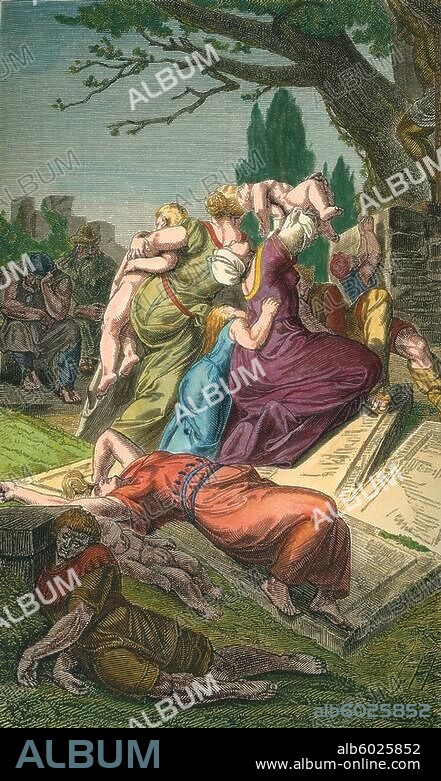 Plague epidemic in Germany, 1349. "The Black Death". Woodcut, 1877, by Friedrich Hottenroth (born 1840); colourised at a later stage. From: W.Zimmermann, Illustrierte Geschichte des deutschen Volkes, vol. 3, Stuttgart (G.Weise) 1877.