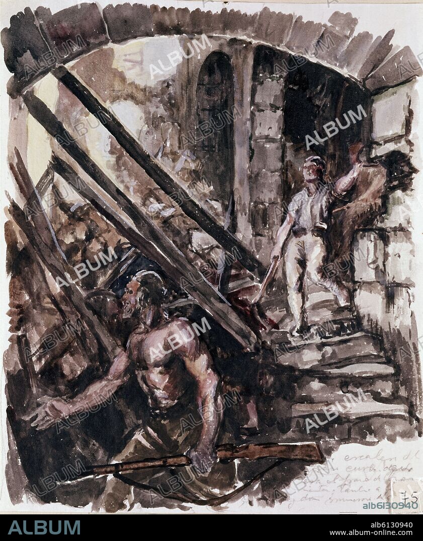 ARTURO REQUE MERUVIA-KEMER-. TOLEDO-ALCAZAR-ESCALERA DEL 'PASO CURVO'EN RUINAS-GUERRA CIVIL ESPAÑOLA.
