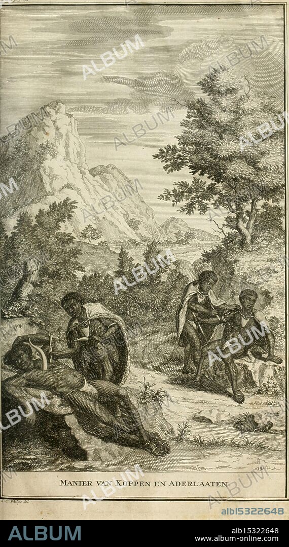 Naaukeurige en uitvoerige beschryving van Kaap de Goede Hoop, Amsterdam, By B. Lakeman,1727, South Africa, natural history, Cape of Good Hope, description and travel, Cape of Good Hope South Africa, Khoikhoi African people., The scene depicts a serene landscape with rugged mountains in the background and a winding path. In the foreground, a group of individuals is engaged in various activities. One figure is reclining peacefully, appearing relaxed, while others are tending to tasks nearby, including one individual who seems to be preparing something with a tool. The overall atmosphere conveys a sense of daily life and interaction within a natural setting, capturing a moment of both leisure and labor. The detailing in the clothing and features of the figures suggests a cultural context, hinting at their social or historical significance.