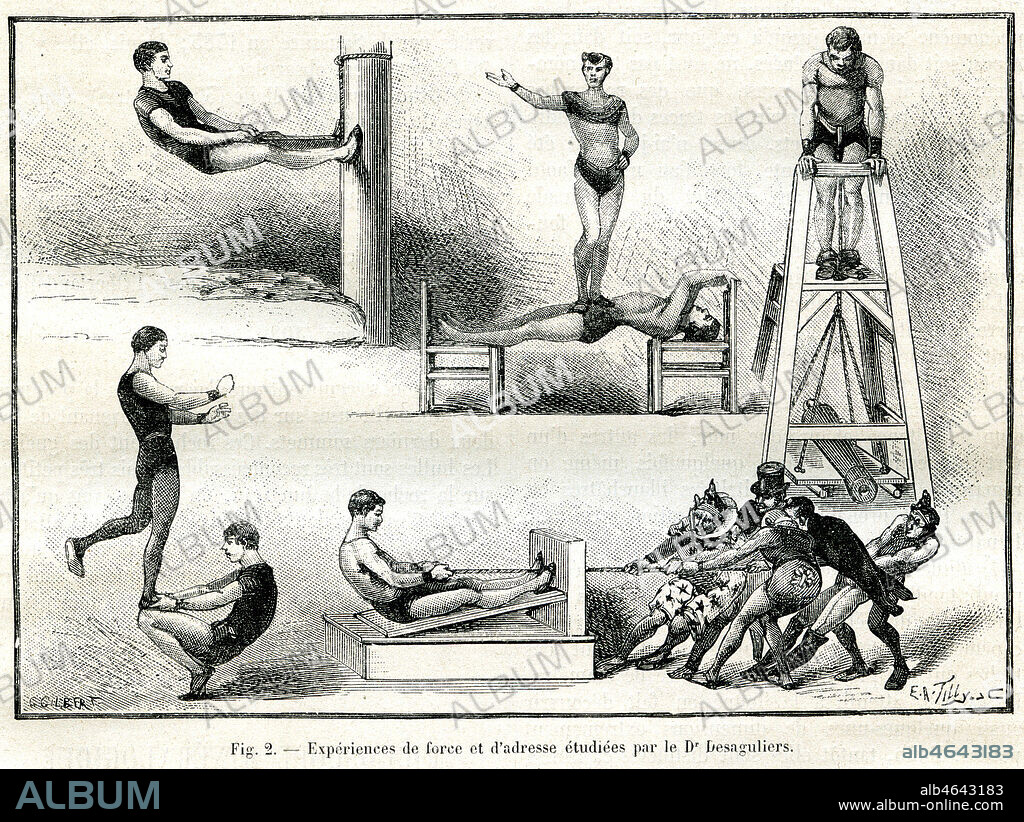 'Experiences de force et d'adresse etudiees par le Dr Desaguliers'. Illustration par Gilbert tiree de la revue La Nature du 22 aout 1885. Credit : Collection KHARBINE-TAPABOR.
