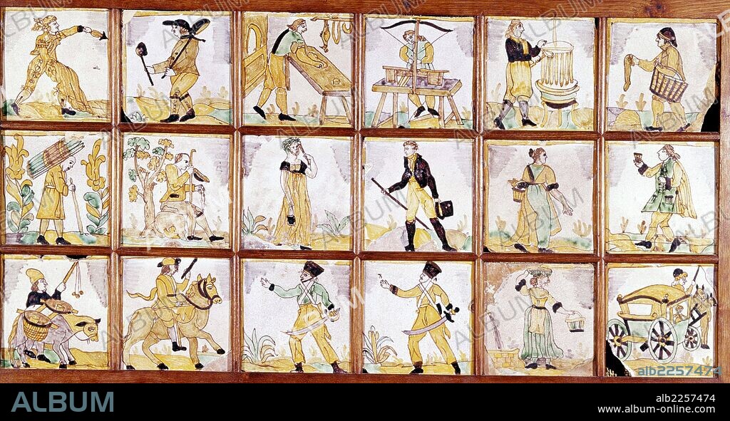 CERAMICA. CUADRO CON 18 AZULEJOS DE OFICIOS. EPOCA IMPERIO. COLECCION BATLLORI. BARCELONA.