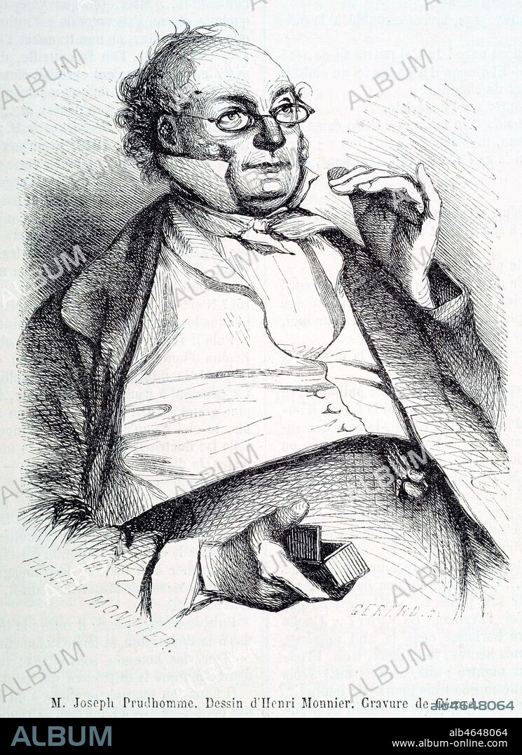 M Joseph Prudhomme, autoportrait de Henry MONNIER. Personnage represente par Henry MONNIER pour caricaturer la petite bourgeoisie. Gravure de 1855. Credit : Collection Grob/KHARBINE-TAPABOR.