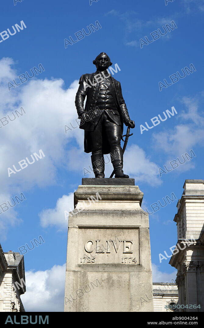 Statue of Major-General Robert Clive. Major-General Robert Clive, 1st Baron Clive (1725-1774) a British officer and privateer who established the military and political supremacy of the East India Company in Bengal.