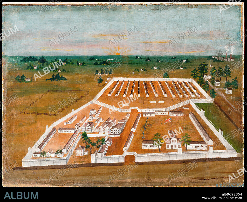 Oil painting titled Camp Douglas by Albert E. Meyers, Chicago, Illinois, 1864. Myers was a Private in Company F 196, Pennsylvania Volunteer Infantry. He painted this image while stationed at Camp Douglas in his studio of the tower of the Cottage Grove Hotel, opposite the entrance of the camp.