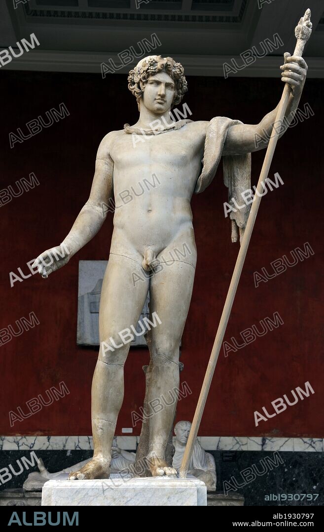 ARTE ROMANO. ANTINOO. Favorito y posiblemente amante del emperador Adriano. Tras su muerte fue deificado. Escultura de Antinoo personificado como Dionisos (Baco). Escultura. 130-138 d. C. MUSEO CARLSBERG GLYPTOTEK. COPENHAGUE. Dinamarca. Norte Europa.