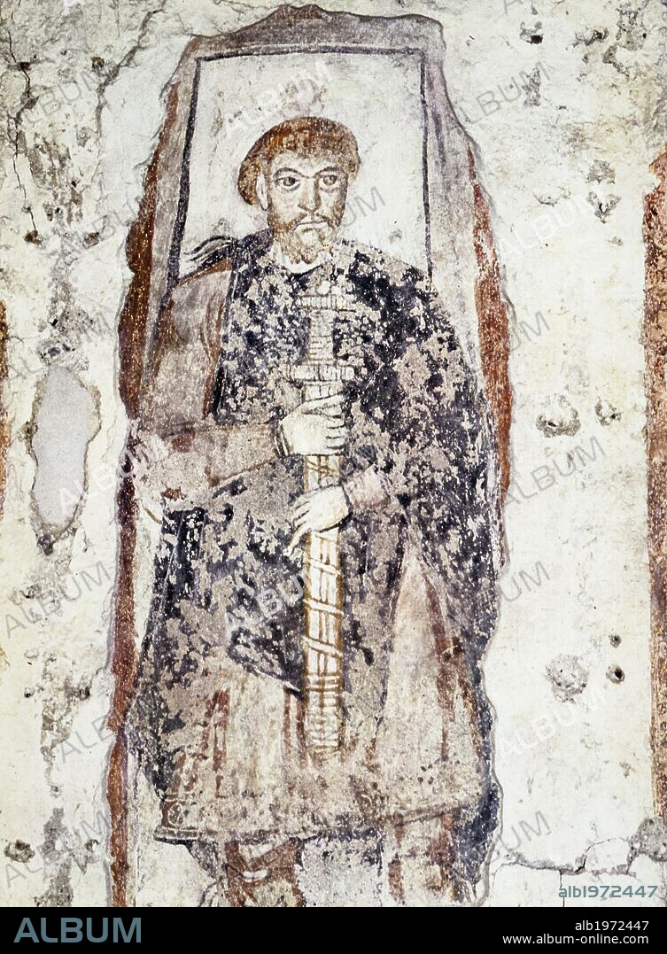 Portrait of the secular Church founder, a Franco-Carolingian overlord depicted with a sword, fresco, San Benedetto (St Benedict) Church, Mals (Malles Venosta), Trentino-Alto Adige. Italy, 9th century.