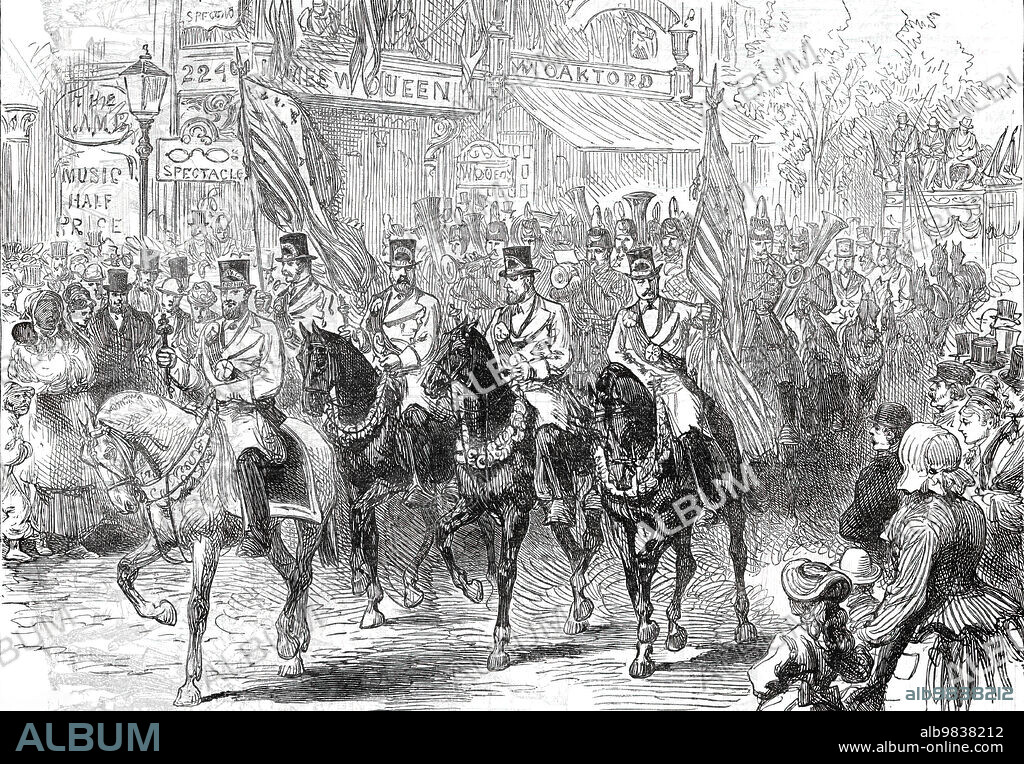 MELTON PRIOR. Opening of the American Centennial Exhibition: the Butchers' Procession passing up Chestnut-Street, Philadelphia, from a sketch by one of our special artists, 1876. '...tradesmen and assistants, all neatly dressed in white frocks with blue sashes, well-brushed hats decorated with their badges, and well-blacked boots; most of them were fine, tall, portly men, riding good horses...The Black Hussar Band of eighteen performers, well mounted, led the first division or cavalcade; then came Beck's band, filling a six-horse omnibus; more horsemen, and a long line of four and two horse barouches. A car gaily festooned with bunting was filled with little boys and girls, who shouted, clapped their hands, or engaged themselves in waving little silk flags of all nations. The Lanark band was in this division, and a number of butcher boys mounted on ponies. This portion of the parade numbered about 1200'. From "Illustrated London News", 1876.