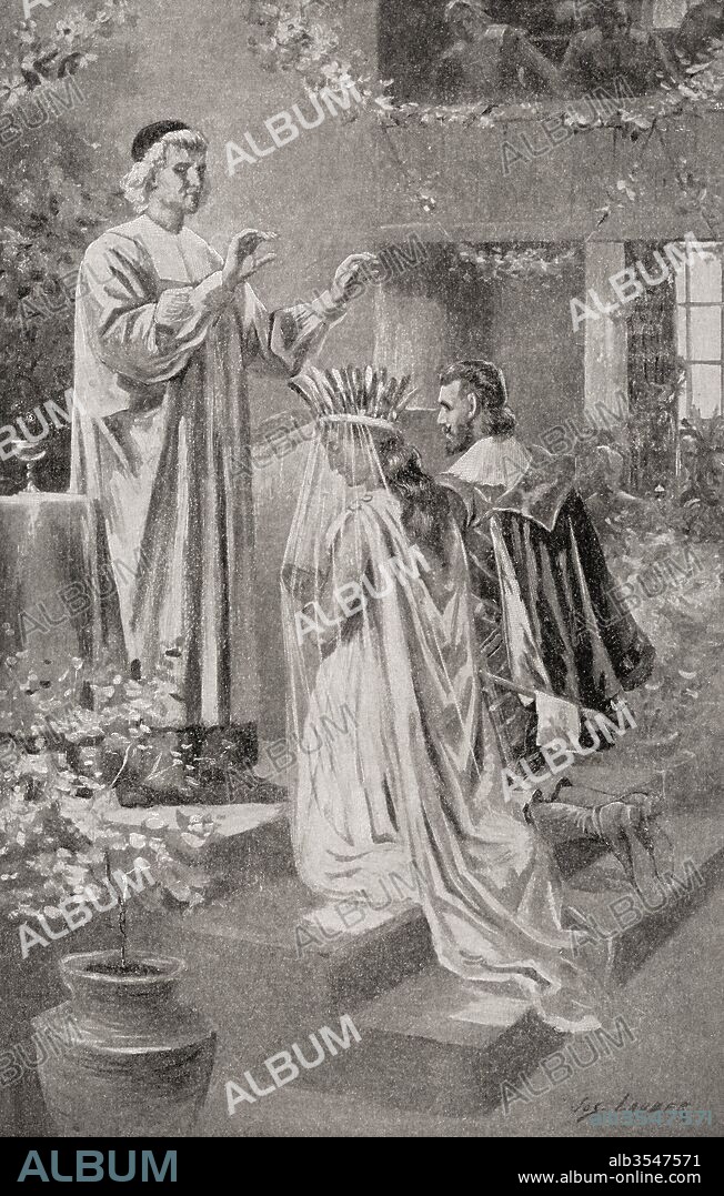 The marriage of Pocahontas and John Rolfe in 1613. John Rolfe, 1585–1622. Early English settler of North America. Pocahontas Matoaka, 1595-1617. Algonqiuan Indian princess. From The History of Our Country, published 1899.