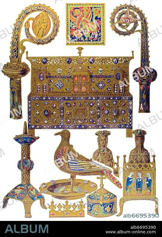 Das mittelalterliche Ornament in Frankreich, Schmelzarbeiten, Figur 1 Bischofsstab aus dem 13. Jahrhundert (Lacroix et Sere, Le moyen-age et la renaissance). - Figur 2 Zellenemail aus dem 10. Jahrhundert (Lacroix et Sere). - Figur 3 Bischofsstab aus der Abtei von Foigny, gefunden im Grabe von Barthelemy de Viv, Gründer der Kathedrale von Laon zu Anfang des 13. Jahrhunderts (Cahier et Martin, Melanges d archeologie). - Figur 4 Reliquienschrein in der Kirhe von Ambazac aus dem 12. Jahrhundert (Lacroix et Sere). - Figur 5 Kirchenleuchter aus dem 12. Jahrhundert (Lacroix et Sere). - Figur 6 Biborium aus der Sammlung des Prinzen Soltykoff in Paris aus dem 13. Jahrhundert (Lacroix et Sere). - Figur 7 Von einem Diadem aus dem 13. Jahrhundert (Lacroix et Sere). - Figur 8 und 9 Statuette unserer lieben Frau aus vergoldetem Kupfer aus Limoges, 12. Jahrhundert (Lacroix et Sere). - Figur 10 Hostienbehälter aus dem 12. Jahrhundert (Lacroix et Sere).