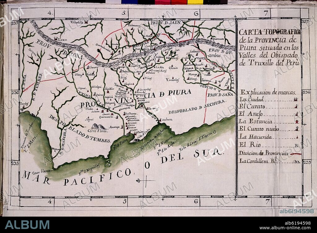 BALTASAR JAIME MARTÍNEZ COMPAÑÓN. CODICE TRUJILLO DEL PERU - TOMO I - CARTA TOPOGRAFICA DE LA PROVINCIA DE PIURA EN LOS VALLES DEL OBISPADO DE TRUJILLO DEL PERU - XVIII.
