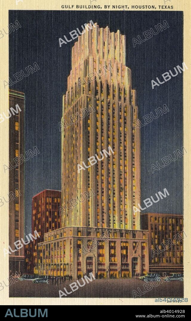 Gulf Building, Houston, Texas, USA, 1932. Vintage postcard showing a night view of the Gulf Building. Completed in 1929, the Art Deco Gulf Building was the tallest building in Houston until 1963. It was designed by Alfred C Finn, Kenneth Franzheim and JER Carpenter. The skyscraper is now known as the JPMorgan Chase Building.
