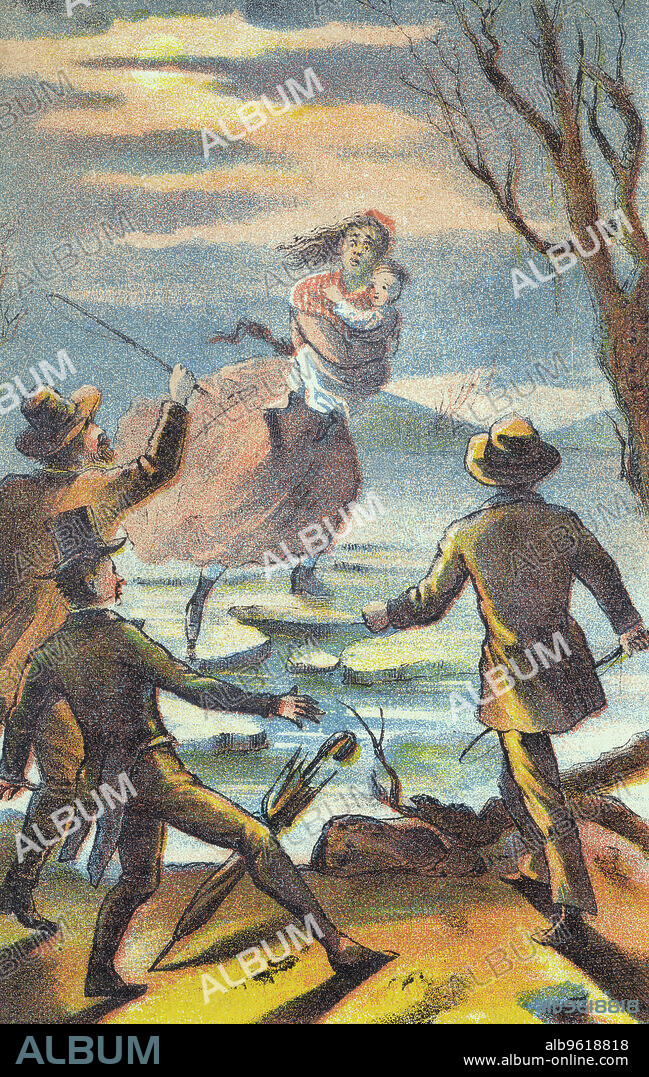 Illustration from a poster advertising a theatrical production of Uncle Tom's Cabin, 1870. Eliza carries her son across the Ohio river, escaping the slave trader Haley. They are helped to safety in Canada by the 'Underground Railroad'.  Harriet Beecher Stowe (1811-1896) published her anti-slavery novel in serial form in 1851-1852 and as a book in 1852.