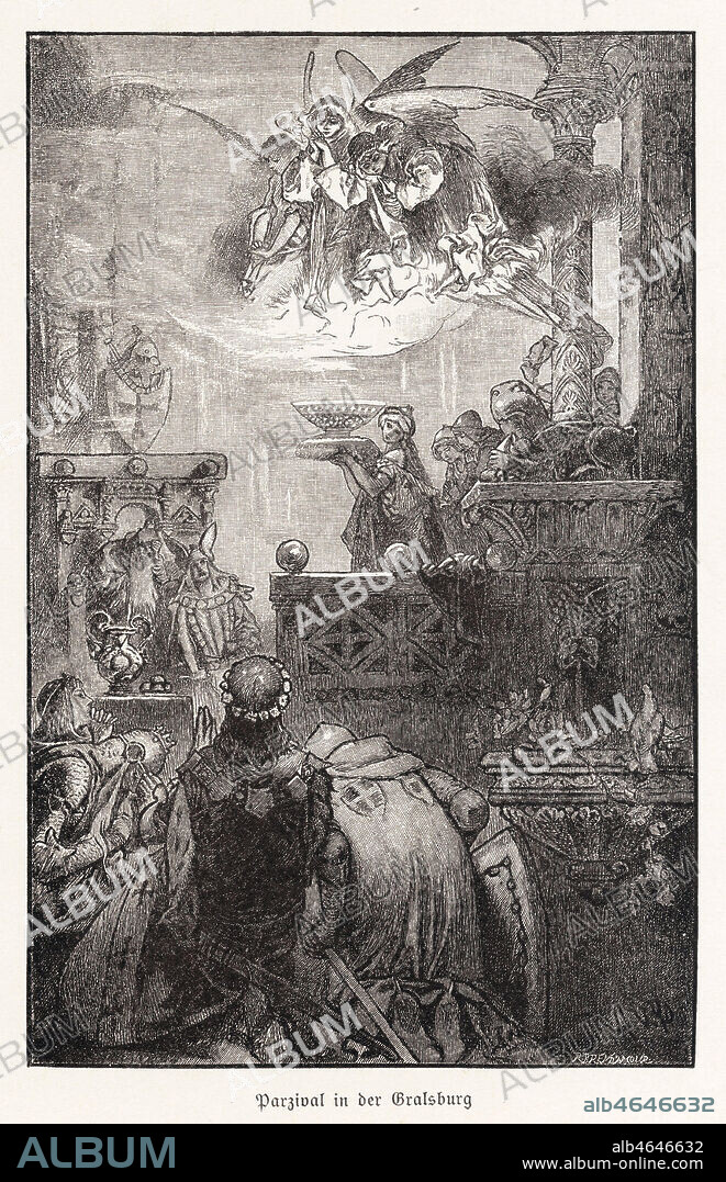 Perceval et le Sacre Graal. Illustration de 1891 par Hermann VOGEL (1856-1918) pour Deutsche Heldensage par Gustav SCHALK (1874-1930). Credit : Collection Jonas/KHARBINE-TAPABOR.