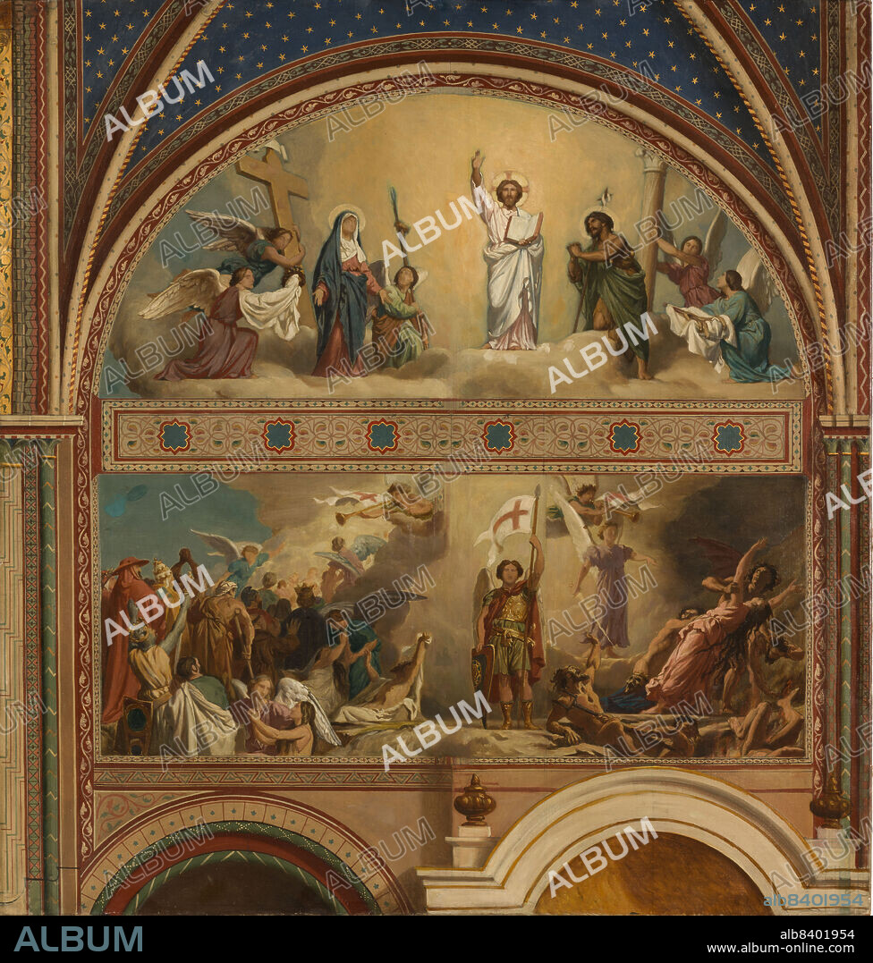 ALEXANDRE JEAN BAPTISTE HESSE. Esquisse pour l'église de Saint-Germain-des-Prés : Le Jugement Dernier, c.1872. Sketch for the Saint-Germain-des-Prés church in Paris. The Last Judgment. Above: Jesus with the Virgin Mary and angels. Below: angels separate the souls of the righteous and the damned; those on the left are led to heaven, and those on the right are thrown into hell.