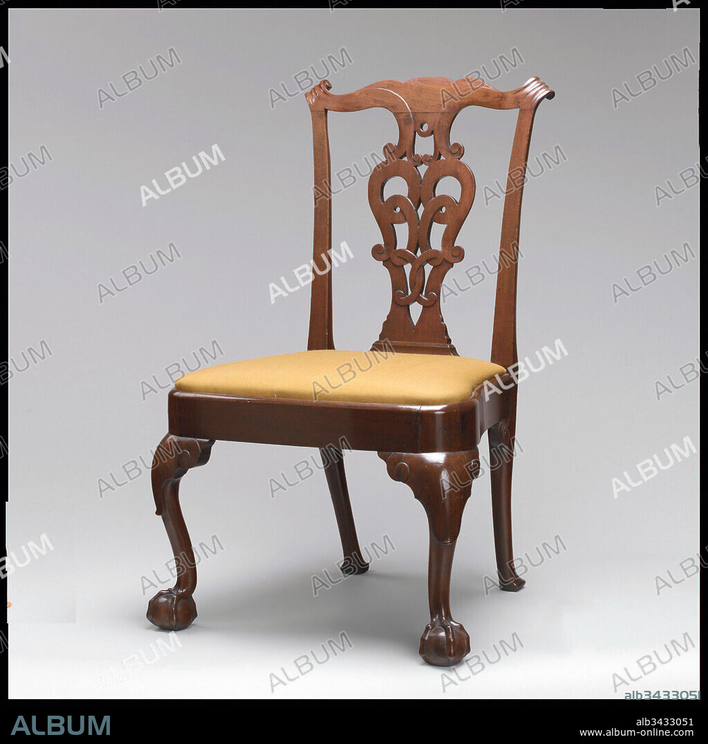 Side Chair, 1760–90, Probably made in New York, New York, United States, American, Walnut, white oak, white pine, 38 1/2 x 24 1/2 x 21 3/4 in. (97.8 x 62.2 x 55.2 cm), Furniture, These chairs, from an original set of twelve, along with a settee and a card table, descended en suite in the Verplanck family. Queen Anne features—the heavy walnut frame, balloon-shaped seat, and absence of Rococo carving—suggest that the set was made for Samuel Verplanck shortly after his return from Holland in 1763 with his bride, Judith Crommelin.