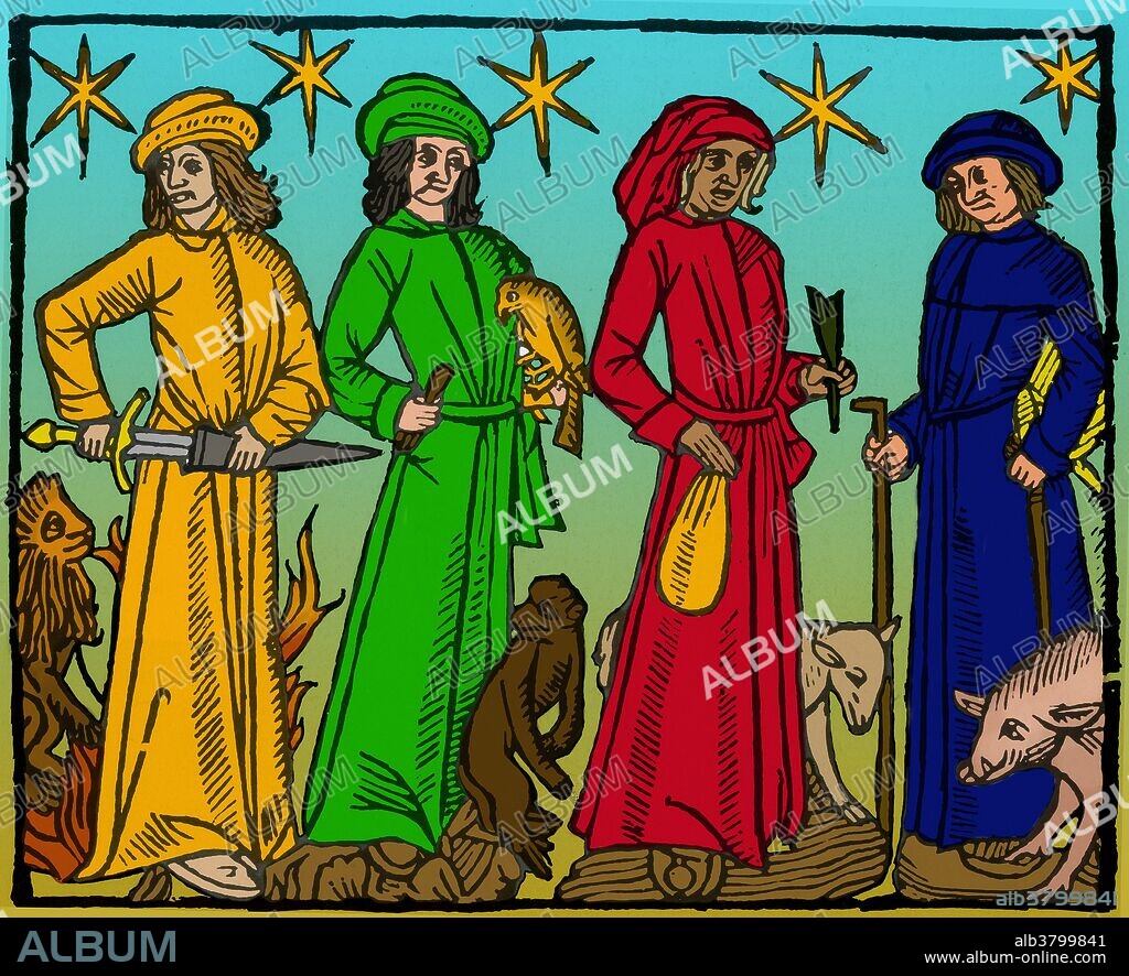 Medieval woodcut of the four humors. Humorism was a belief that an excess or deficiency of any of four distinct bodily fluids known as humors in a person directly influences their temperament and health. From Hippocrates onward, the humoral theory was adopted by Greek, Roman and Persian physicians, and became the most commonly held view of the human body among European physicians until the advent of modern medical research in the nineteenth century. The four humors of Hippocratic medicine are black bile, yellow bile, phlegm, and blood, and each corresponds to one of the traditional four temperaments. Four temperaments is a belief that there are four fundamental personality types, sanguine (pleasure-seeking and sociable), choleric (ambitious and leader-like), melancholic (analytical and literal), and phlegmatic (relaxed and thoughtful).