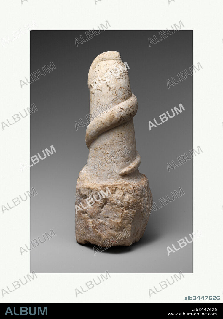 Marble pillar with snake and wreath, Imperial, 1st–2nd century A.D., Roman, Marble, Pentelic ?, h. 14 5/8 in (37.2 cm), Stone Sculpture, This pillar may be either votive or sepulchral. The snake is both an attribute of the healing god Asklepios, suggesting this object may have been a thank offering on behalf of one cured of an illness, and a potent symbol of the underworld, alluding perhaps to a funereal function.