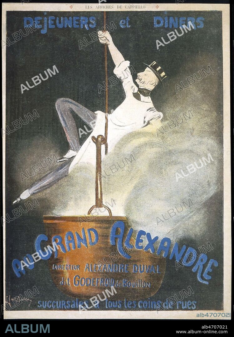' Dejeuners et diners au Grand Alexandre - Directeur Alexandre Duval dit Godefroy de Bouillon - Succursales a tous les coins de rues.' Publicite illustree par Leonetto CAPPIELLO (1875-1942), parue dans Le Rire de Janvier 1908. Credit : Collection KHARBINE-TAPABOR.
