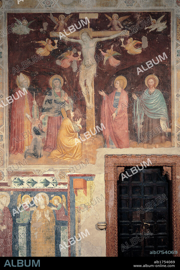 Crucifixion and Saints, by co-worker Altichiero da Zevio, 1384, 14th Century, fresco. Italy, Veneto, Verona, San Zeno in Oratorio Church. All. Crucifixion saints angels goblets; chalices; cups believer on his knee saint bishop Christ halos; aureoles drapery mantle; cloak `Christus patiens' (suffering Christ) Jesus teaching yellow red green blue dark; brown s.
