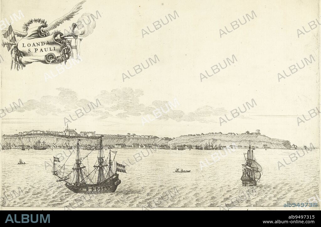View of Luanda (São Paulo de Luanda) in Angola (right half), ca. 1641. Right panel of a large representation printed on two plates. The city conquered by a Dutch fleet of the MIC under the command of Cornelis Cornelisz Jol, alias Houtebeen on 24 August 1641. Several Dutch ships off the coast. In the sky a winged banderole with the title decorated with two smoke horns, flags and a laurel wreath. In the caption the explanation of the letters G-M in Latin, View of Luanda (right half), c. 1641 Loanda S. Pauli., print maker: Jan van Brosterhuyzen, (attributed to), print maker: Salomon Savery, intermediary draughtsman: Frans Jansz Post, Netherlands, 1645 - 1647, paper, etching, engraving, h 381 mm × w 500 mm.