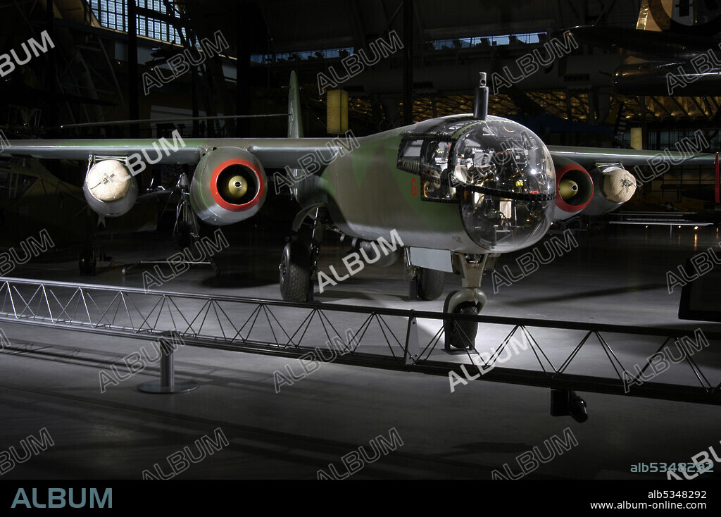Single seat, twin engine jet bomber with RATO. The Arado Ar 234 B Blitz (Lightning) was the world's first operational jet bomber and reconnaissance aircraft. The first Ar 234 combat mission, a reconnaissance flight over the Allied beachhead in Normandy, took place August 2, 1944. With a maximum speed of 735 kilometers (459 miles) per hour, the Blitz easily eluded Allied piston-engine fighters. While less famous than the Messerschmitt Me 262 jet fighters, the Ar 234s that reached Luftwaffe units provided excellent service, especially as reconnaissance aircraft. This Ar 234 B-2 served with bomber unit KG 76 from December 1944 until May 1945, when British forces captured it in Norway. Turned over to the United States, it was brought to Wright Field, Ohio, in 1946 for flight testing. In 1949 it was transferred to the Smithsonian, which restored it in 1984-89. This Arado is the sole survivor of its type.