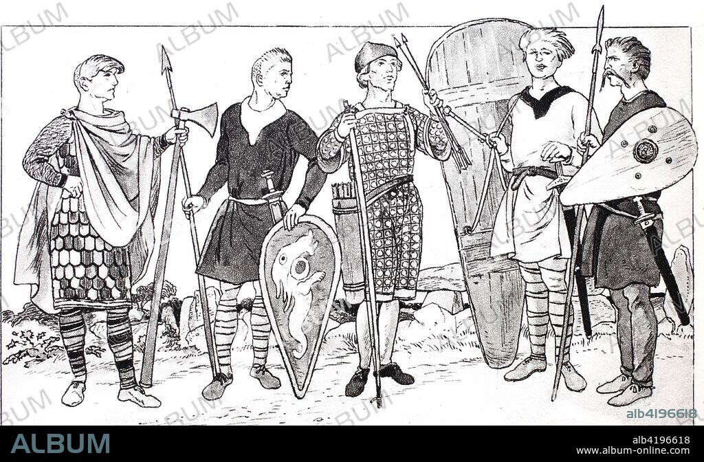Clothing, fashion of the Norman and Anglo-Saxons of the 11th-14th centuries, the warriors, from the left, Norman warrior with a battle ax and scaly armor, a lightly armed Norman in a short coat with belt, an Anglo-Saxon archer, a Norman with a large wooden shield and a lightly armed Anglo-Saxon with mustache and long pants, digital improved reproduction of an original print from the 19th century.