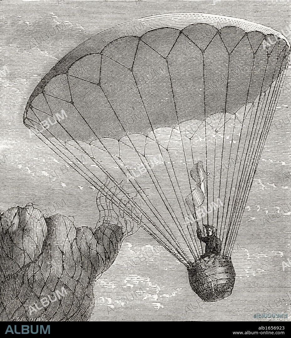 Garnerin's Descent in a Parachute 1802 Andre Jacques Garnerin 1769 - 1823 French inventor of the frameless parachute From the book Wondeful Balloon Ascents or The Conquest of the Skies published c 1870.