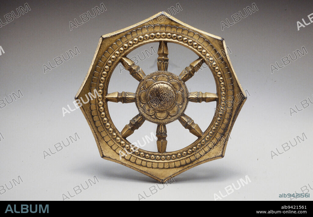 Chakra, 13th century, Unknown Japanese, 4 1/2 in. (11.43 cm) (diameter), Gilt bronze, Japan, 13th century, This implement was used in Buddhist rituals. Its wheel shape is derived from an ancient Indian throwing weapon, or chakra, that was believed to be one of the seven treasures of universal monarchs known as chakravartin (literally, 'wheel-turning kings'). The mystical weapon was believed to scatter the monarchs enemies in all directions. In Buddhism, it came to symbolize the vanquishing of passions and desires that lead to human suffering.