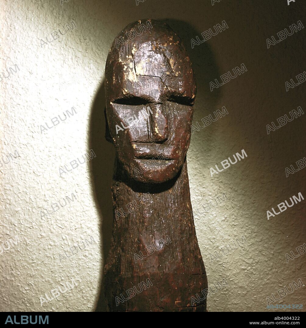 Close-up of Celtic wood male idol, Ralaghan, Co.Cork, Ireland, c1st century BC. Made of oak.