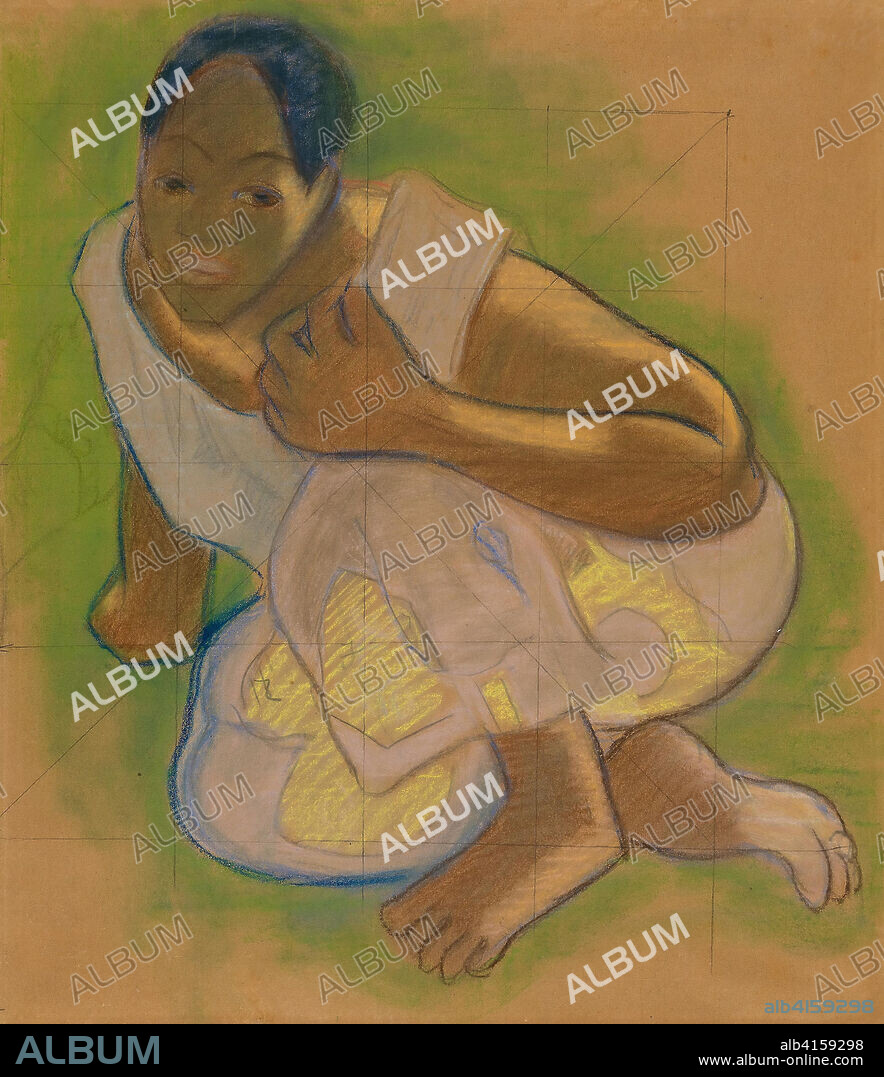 Crouching Tahitian Woman (related to the painting Nafea faa ipoipo [When Will You Marry?]). Paul Gauguin; French, 1848-1903. Date: 1891-1893. Dimensions: 555 × 480 mm. Pastel over charcoal, selectively stumped, on cream wove paper (discolored to tan), squared in black chalk on cream wove paper (discolored to tan). Origin: France.