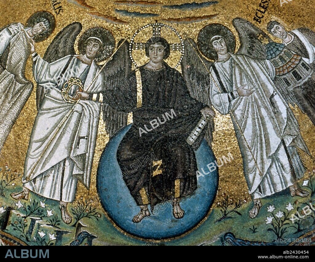 ARTE BIZANTINO. ITALIA. "CRISTO EFEBO ENTREGANDO LA CORONA DEL TRIUNFO A SAN VITAL ANTE EL OBISPO ECLESIUS Y ARCANGELES". Mosaico que se encuentra en el ábside de la iglesia de San Vital, datado en el siglo VI. Rávena.
