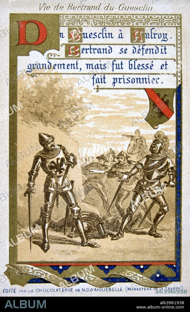 Scene from the life of Bertrand du Guesclin, (19th century). Bertrand is captured and wounded at the Battle of Auray. Bertrand du Guesclin (c1320-1380) entered the service of Charles of Blois, Duke of Brittany, fighting against the invading English. He was knighted in 1354 and later served King Charles V of France who made him Lieutenant of Normandy and Count of Longueville. At the Battle of Auray (1364), du Guesclin was ransomed after being taken prisoner by the English, and led mercenaries into Spain where he fought for Henry of Trastamara against his half-brother, Peter the Cruel of Castile. Du Guesclin won the throne of Castile and León for Henry, who became King Henry II. In 1370 Du Guesclin was made Constable of France by Charles V, and until his death worked to drive the English out of France. Colour lithograph produced by the Monastery of Aiguebelle. From a private collection.