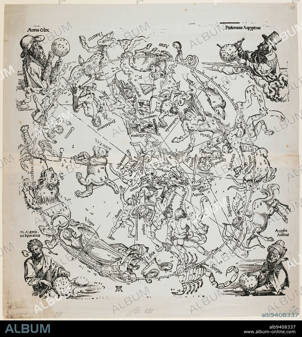 The Northern Hemisphere of the Celestial Globe, 1515 (probably printed 17th century), Albrecht Dürer, German, 14711528, 19 9/16 x 18 3/8 in. (49.69 x 46.67 cm) (sheet), Woodcut, Germany, 16th century, Albrecht Dürer's renowned celestial maps of the northern and southern hemisphere were the first star charts ever to be printed. The 48 classical constellations-the twelve signs of the zodiac, Orion, the Great Bear, and so on-that make of up core of these charts were carefully catalogued by Ptolemy in his Almagest. There were a number of drawn precedents of celestial maps found in Arabic and European illuminated manuscripts, and Dürer's designs, in fact, rely heavily on two drawn on vellum in Nuremberg, his hometown. Yet he updated the positions of the stars to show their locations around 1500, working closely with Nuremberg mathematician Conrand Heinfogel and the imperial astronomer Johann Stabius, who commissioned these woodcuts. A century of celestial globe makers took their information from these pioneering star charts, including Gerard Mercator whose 1551 globe is coming on loan from the Adler Planetarium (beginning October 15).