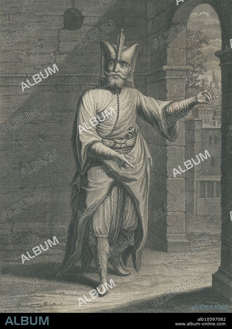 Jenízaro, soldado de un cuerpo turco de infantería que constituyó la guardia del sultán, vestido de ceremonia. Grabado de 1850.
