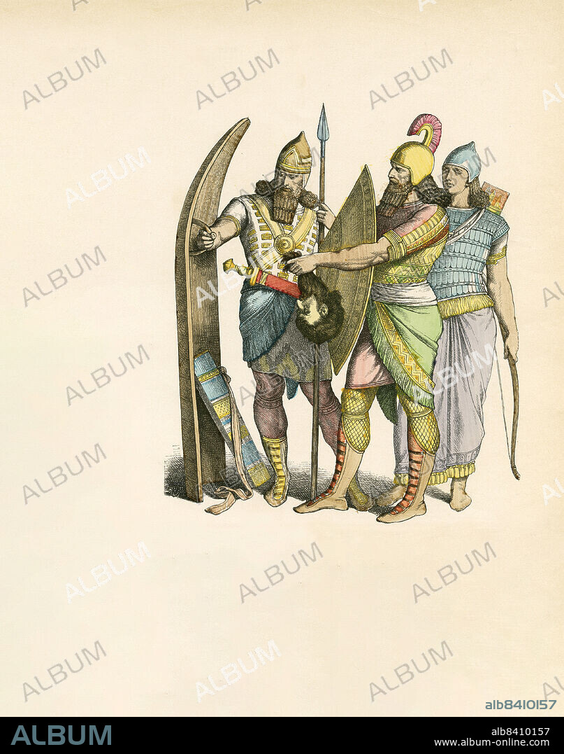Assyrian Soldier with Standing Shield, Soldier with Small Shield, Archer, Ancient Near East, Illustration, The History of Costume, Braun & Schneider, Munich, Germany, 1861-1880.