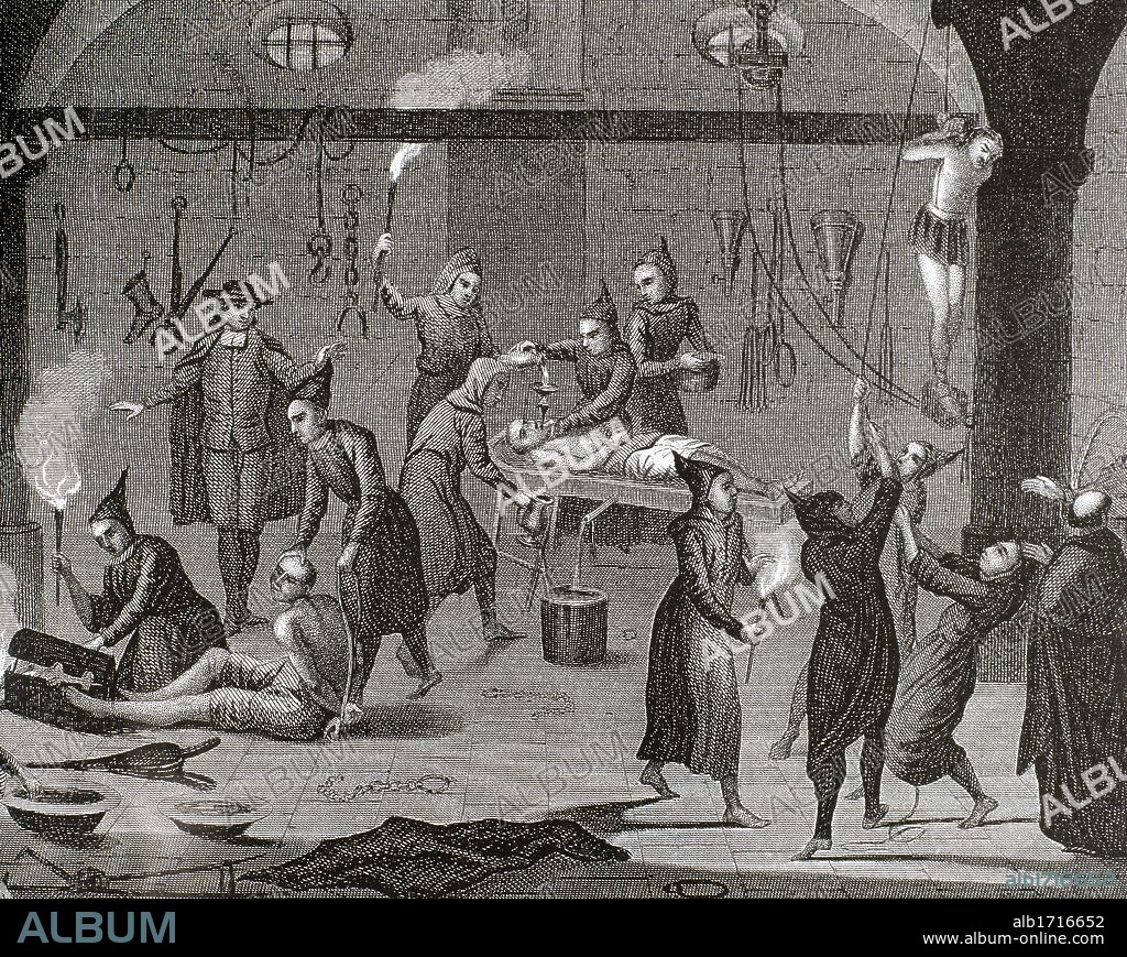 Middle ages. Torture chamber. Engraving depicting different types of physical torture.