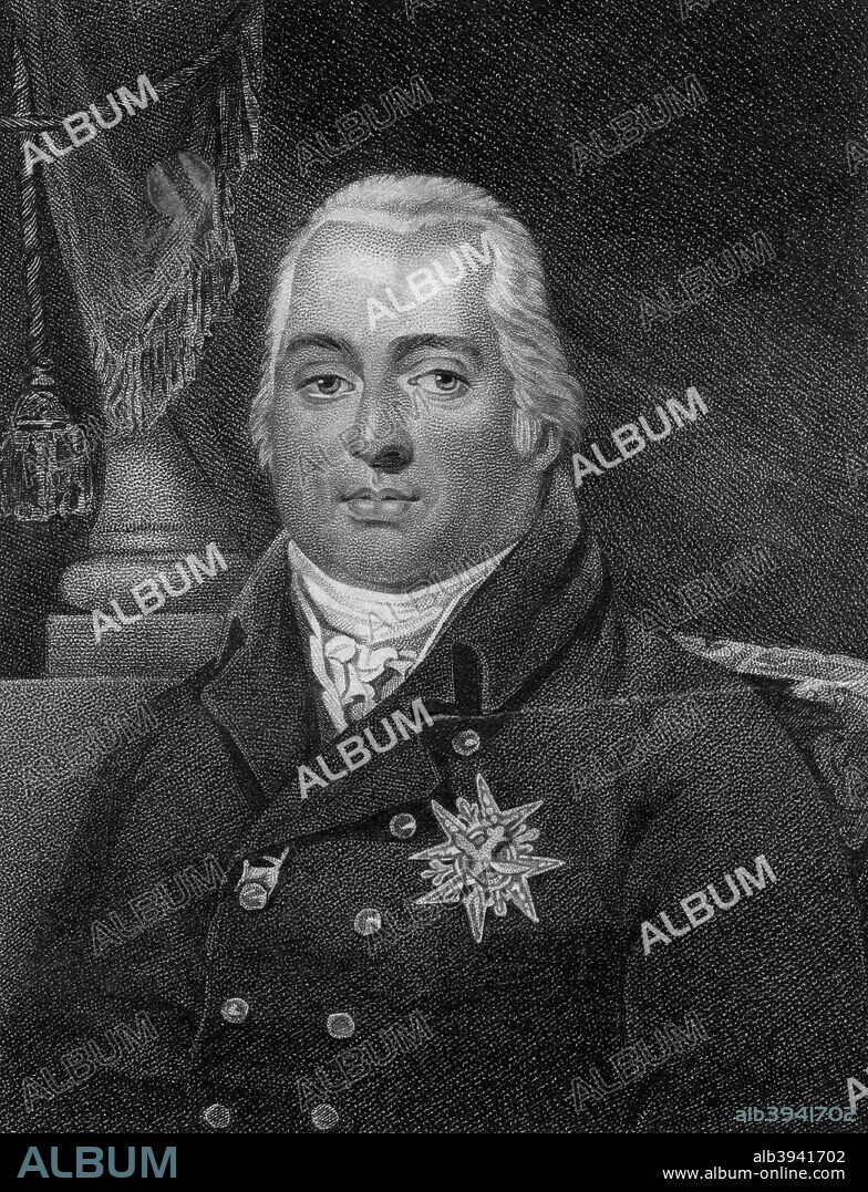 Louis XVIII, King of France, 19th century. Louis (1755-1824) became king in 1814 when the monarchy was restored after the defeat of Napoleon. He fled Paris when Napoleon returned from Elba to re-establish his rule during the Hundred Days in 1815 but regained the throne after Bonaparte's final defeat at Waterloo.